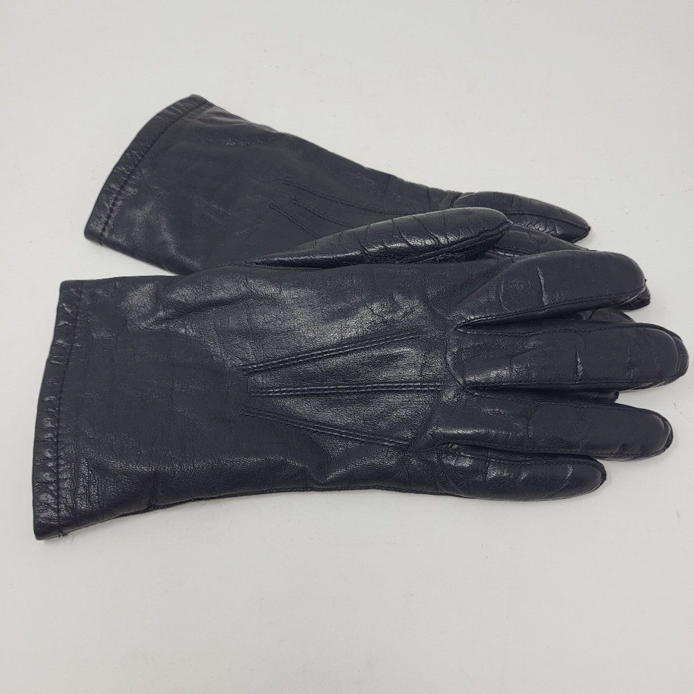 Vintage Leather‎ Fur Lined Gloves Black Driving Warm Retro 7